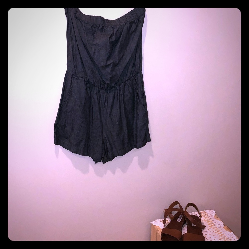 Strapless denim romper - with pockets